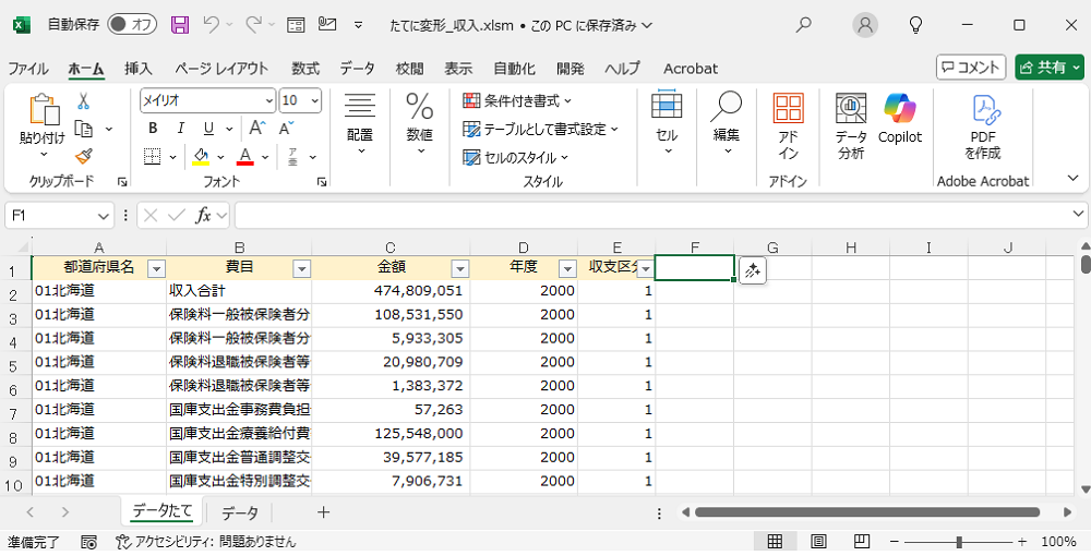 列方向のデータを行方向に変換、単純な表の完成です。
